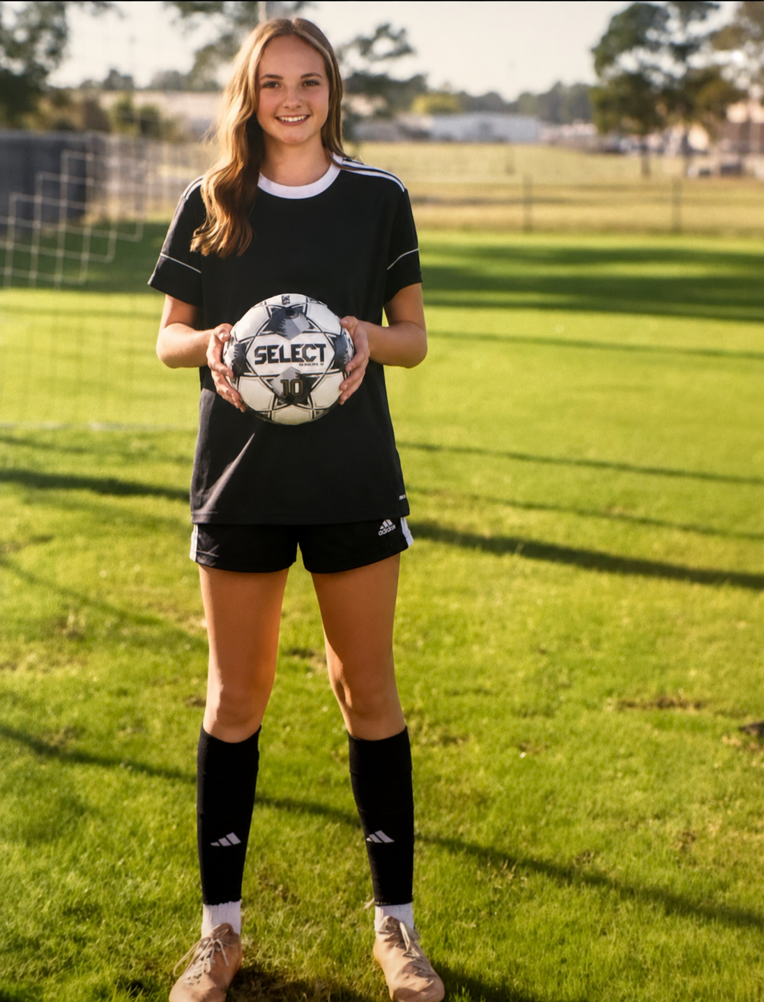 Samantha Stahlin standing on a soccer field holding a ball